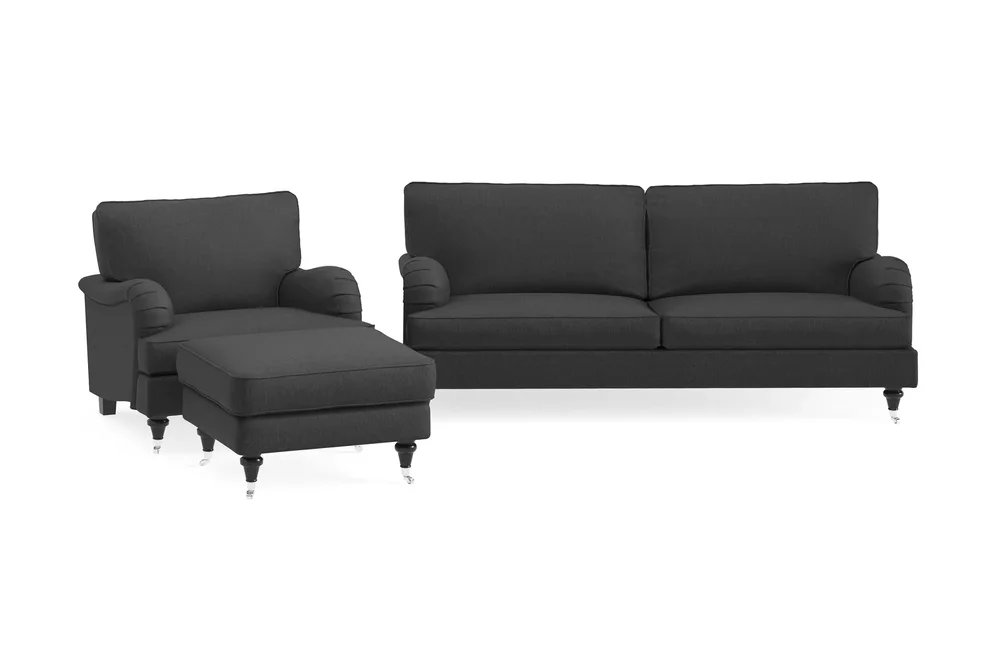 Howard Classic Sofagruppe 3-seters Sofa + Lenestol + Fotskammel i Stoff v:1809205
