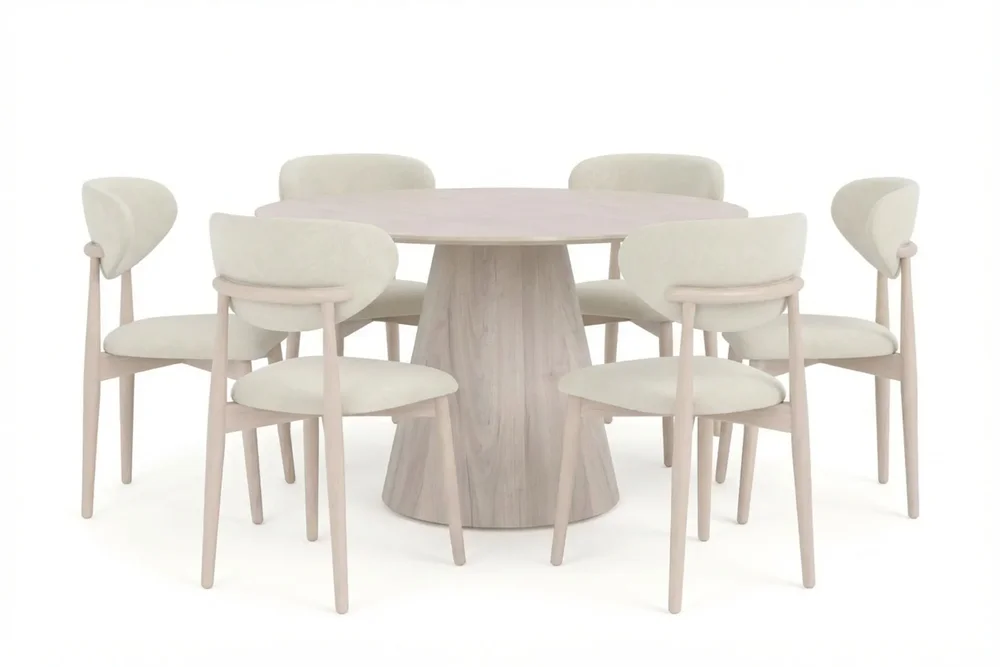 Siena spisegruppe rund 130 cm hvitlasert med 6 Molly spisestoler v:4374636