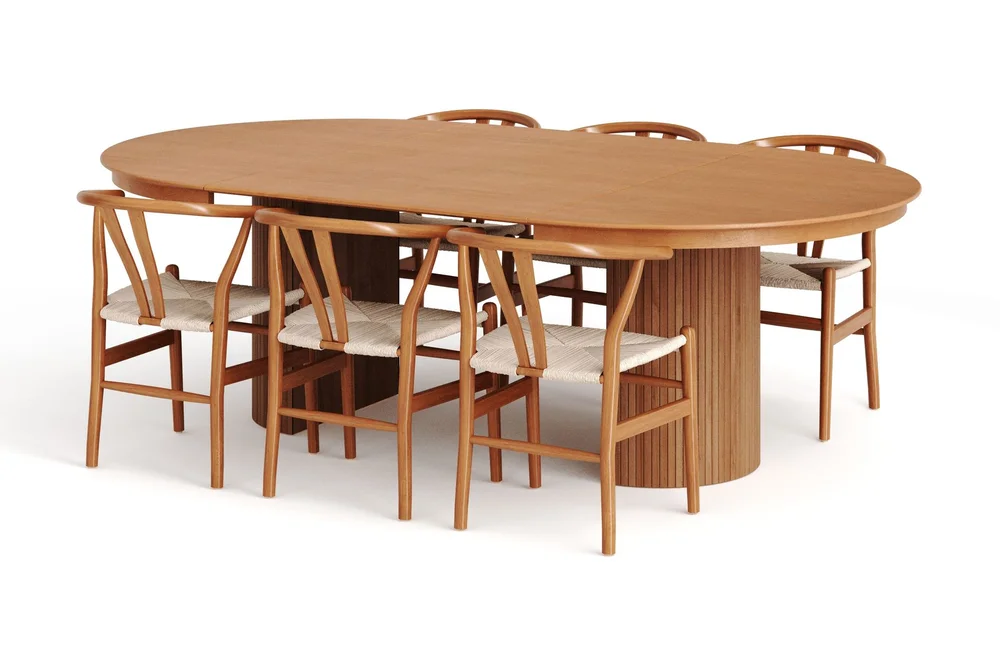 Kopparbo matgruppe, uttrekkbar og rund 140–220 cm, eik, med 6 Dastoori-spisestoler v:4754575