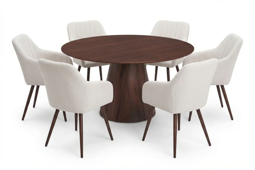 Siena spisegruppe rund 150 cm valnøtt med 6 Filippa spisestoler v:1787236