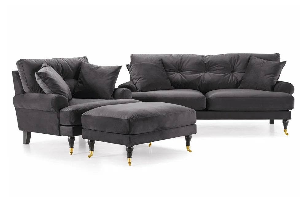 Andrew Sofagruppe 2-seter Sofa + Lenestol + Fotskammel i Fløyel v:1507842 Andrew Sofagruppe 2-seter Sofa + Lenestol + Fotskammel i Fløyel v:1507842