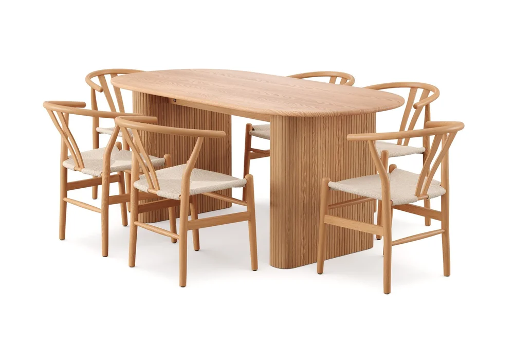 Noira spisegruppe rektangulær 180 cm eik med 6 Dastoori spisestoler v:3720297