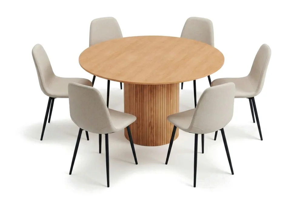 Kopparbo rund spisegruppe 130 cm eik med 6 Nibe-spisestoler v:4755298