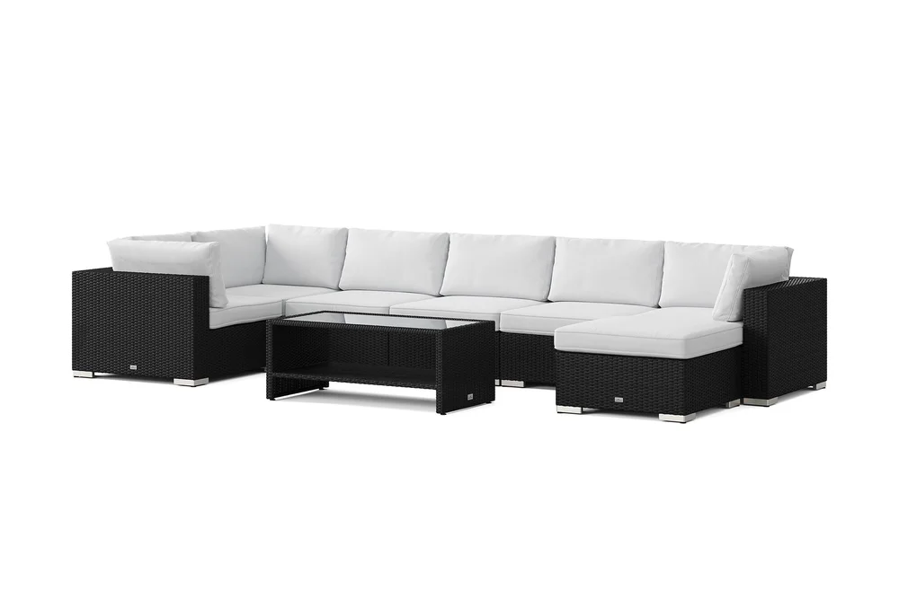 Bahamas U-formet utendørs loungegruppe 7-seters med vendbar divan og bord med hylle v:5812361 Bahamas U-formet utendørs loungegruppe 7-seters med vendbar divan og bord med hylle v:5812361