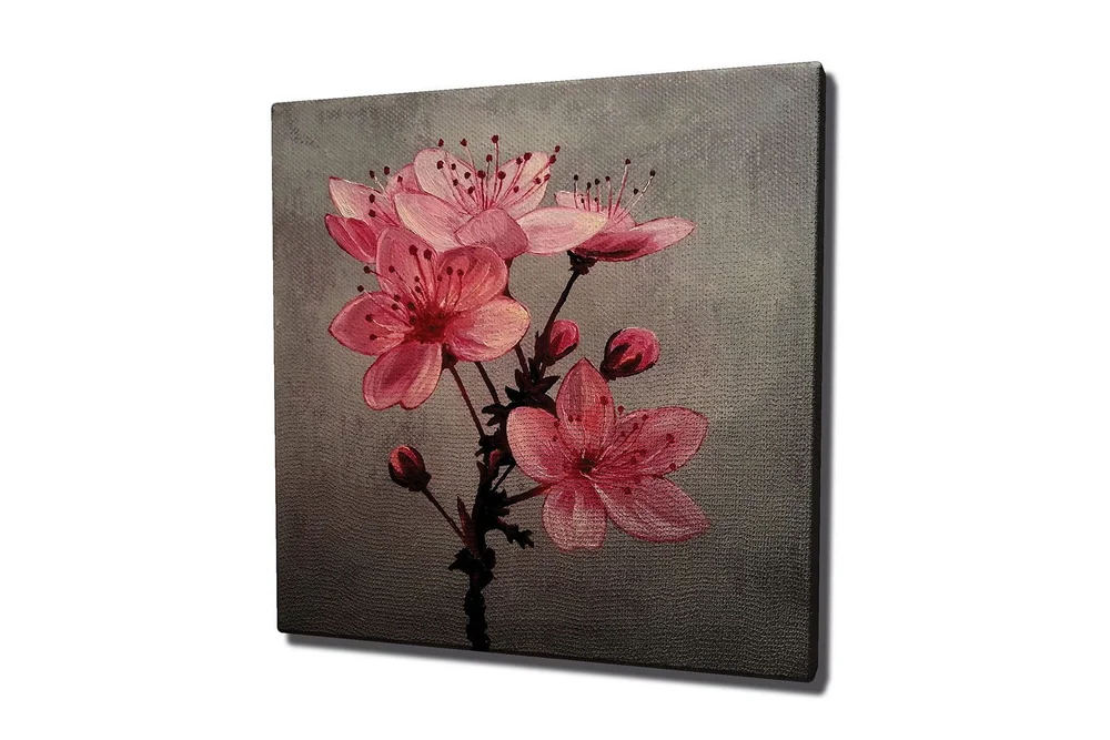 Lerretsbilde 45x45 cm - Rosa blomster med knopper på grå bakgrunn v:5019497
