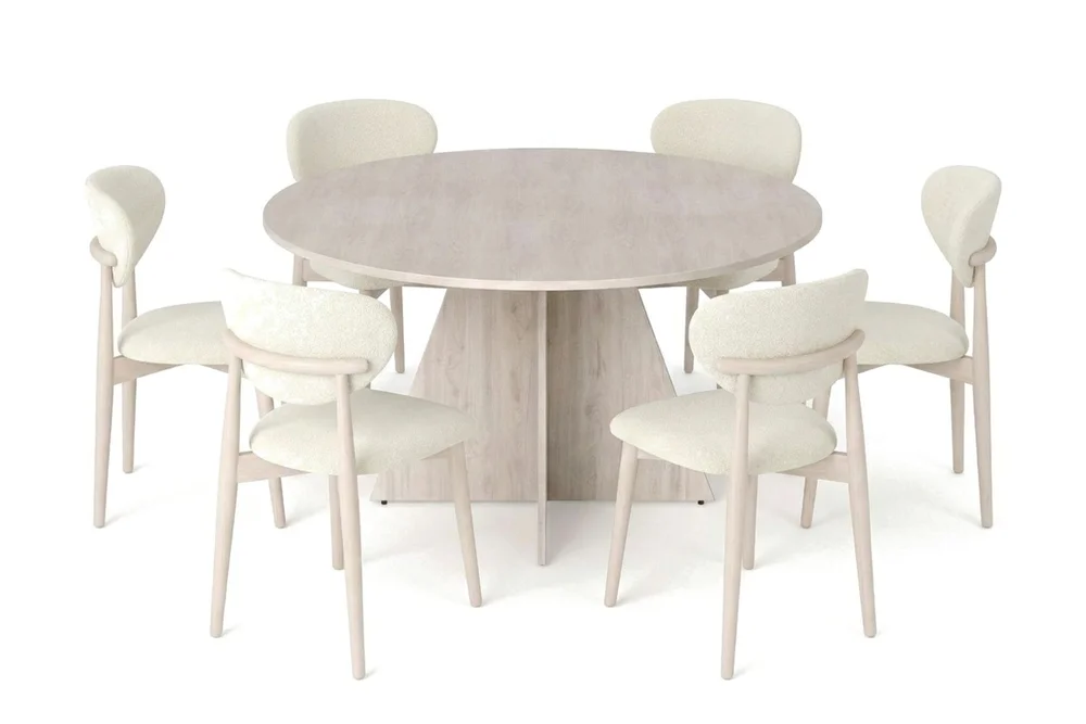 Vera spisegruppe rund 130 cm hvitlasert med 6 Molly spisestoler v:9016214