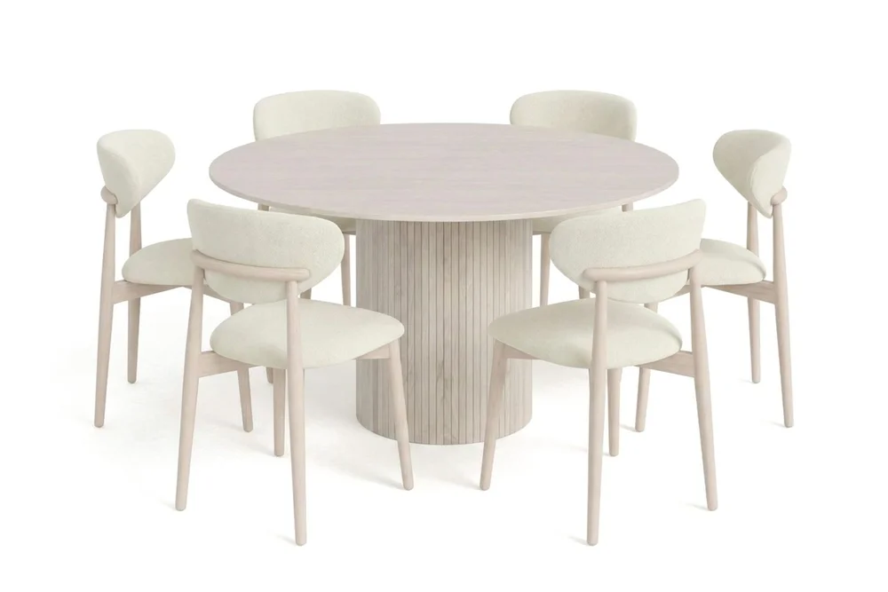 Kopparbo Spisegruppe rundt 130 cm Hvitlasert med 6 Molly spisestoler v:6555695