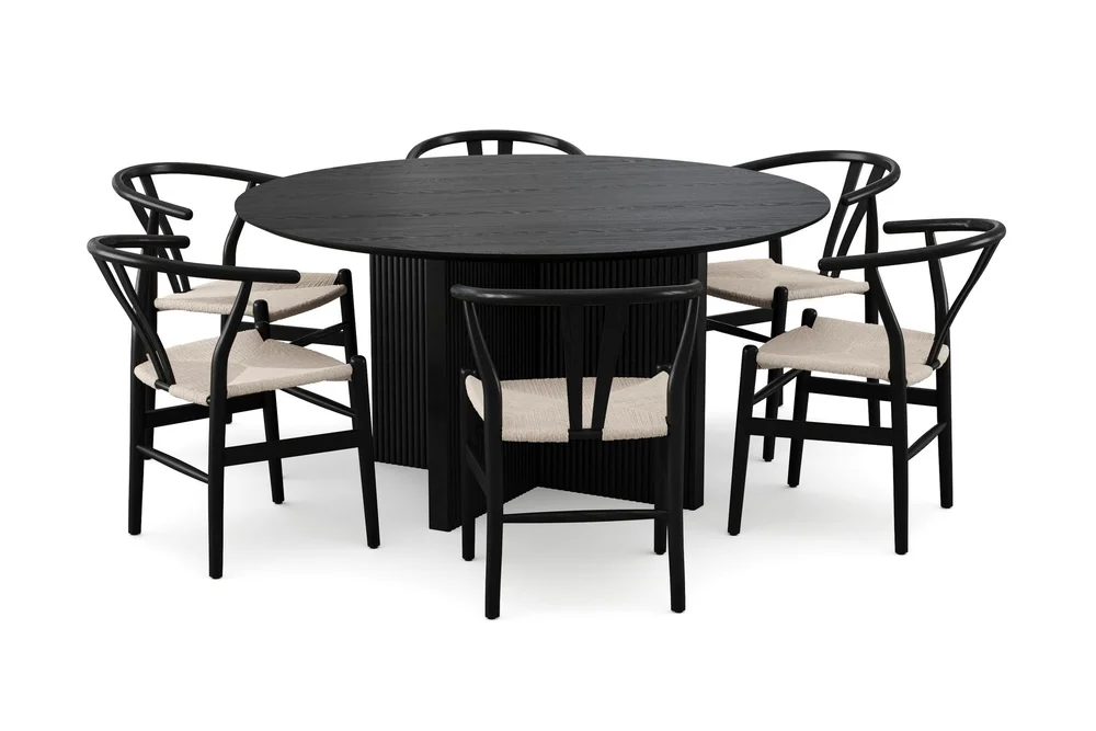 Edda spisegruppe rundt 150 cm svart med 6 Dastoori spisestoler v:5937484