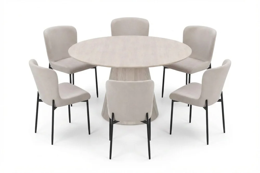 Siena spisegruppe rund 130 cm hvitlasert med 6 Elsie spisestoler v:4811992