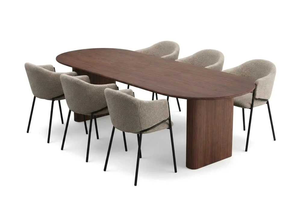 Noira spisegruppe uttrekkbar 220–320 cm valnøtt med 6 Filip spisestoler v:5300213