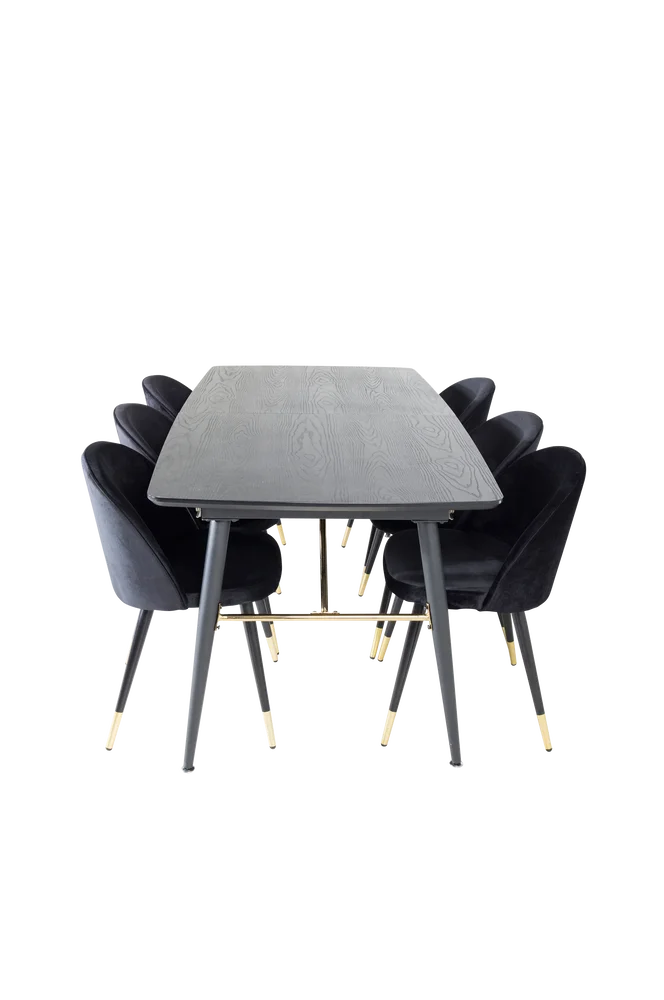 Spisegruppe Gold med 6 stk spisestoler Velvet - Svart m v:8788826